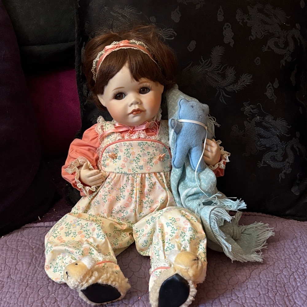 Sarah by Hamilton Porcelain Doll with Blue Teddy Bear and teddy bear slippers